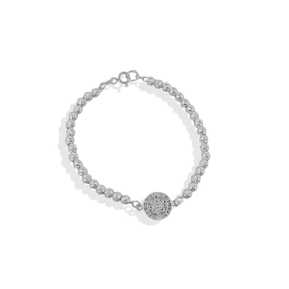Pulsera Medalla De San Benito Bola Diamantada Corrida 4mm (18 cm) Plata .925